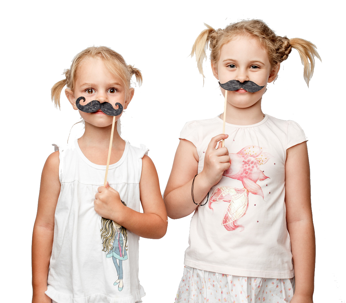 Two cute little girls with paper mustaches while posing against white background Flores de Bach en Micentro Las Rozas